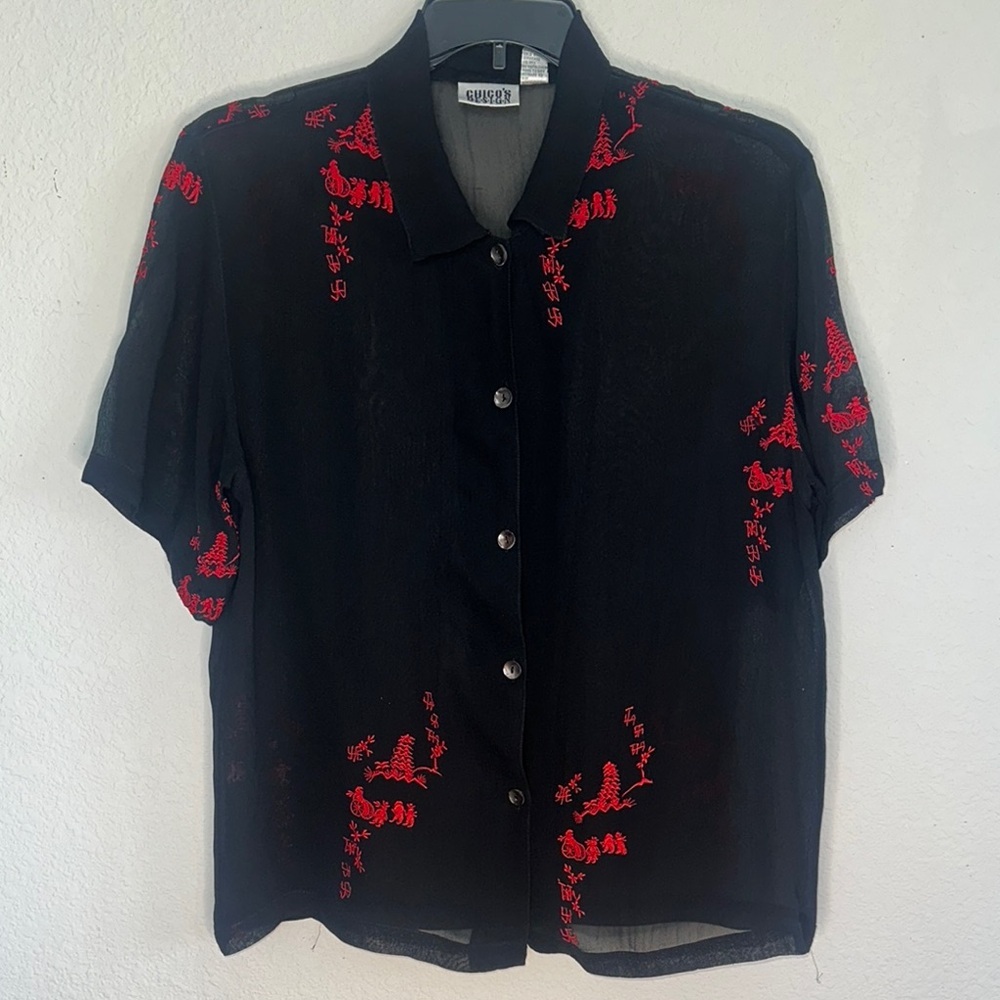 Black and Red Casual Button‎ Down Shirt with Abstract Patterns